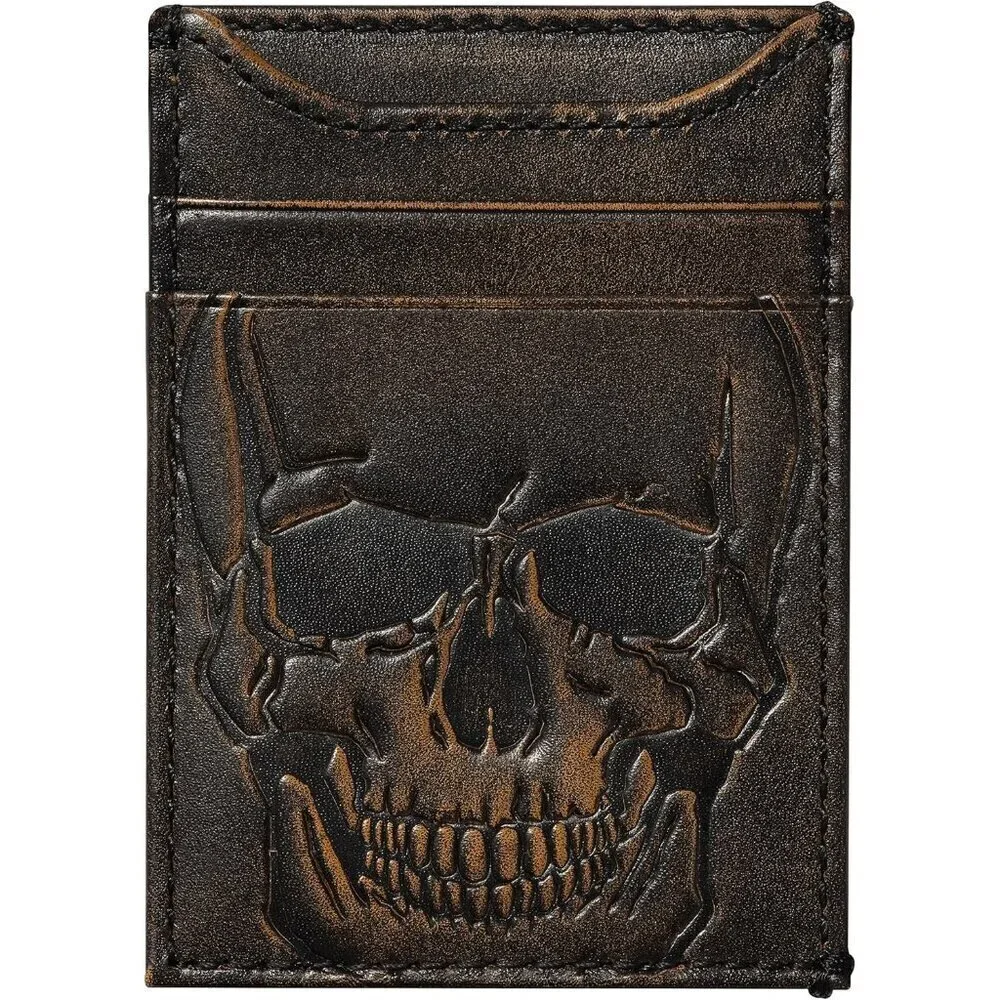 🆕Men Brown SKULL Front Pocket Wallet Money Clip Strong Magnetic Slim Wallet